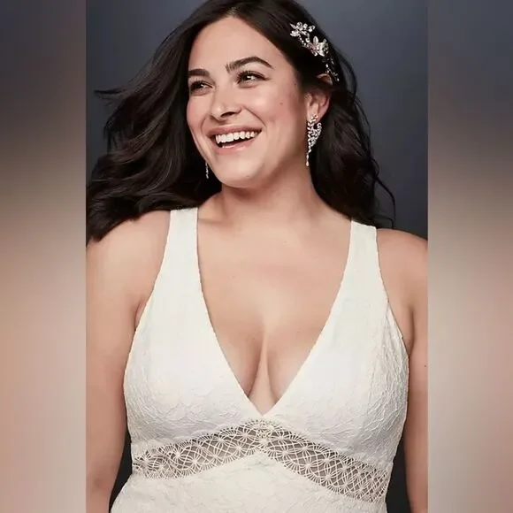 GALINA V-Neck Lace Illusion Wedding Dress, White, NWT, Size 20W - Picture 3 of 14